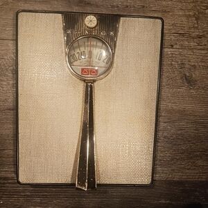 50s Vtg Atomic Age Bathroom Scale Works  Gold Bar Jetson Handle Futurism Hanson